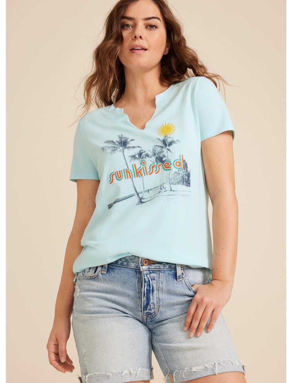 EUC Maurices Light Blue 'Sunkissed' Graphic V-Notch Tee